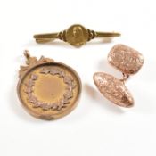 HALLMARKED 9CT GOLD FOB VICTORIAN CUFFLINK & METAL BROOCH