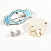 PAIR OF TOPAZ & DIAMOND STUD EARRINGS ENAMEL & MOP BROOCH PINS