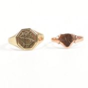 TWO HALLMARKED 9CT GOLD SIGNET RINGS.