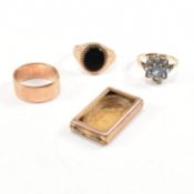 THREE HALLMARKED 9CT GOLD RINGS & AF WATCH CASE