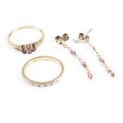 TWO HALLMARKED GEM SET GOLD RINGS & PAIR OF PENDANT EARRINGS