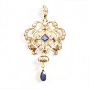 EDWARDIAN 15CT GOLD ENAMEL SAPPHIRE & PEARL PENDANT NECKLACE