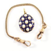 19TH CENTURY GOLD ENAMEL PEARL & DIAMOND PENDANT & GUARD CHAIN
