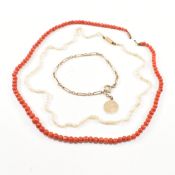 EARLY 20TH CENTURY GOLD BRACELET WITH CORAL & PEARL NECKLACE