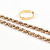 9CT GOLD ROPE TWIST NECKLACE & 18CT GOLD AF RING