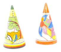 PAIR OF VINTAGE MULTI COLOURED SUGAR SHAKERS BY CLARICE CLIFF