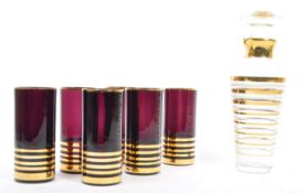 1950S CLEAR GLASS DECANTER & 6 CRANBERRY TUMBLERS