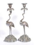PAIR OF 1920S JAPANESE SILVER PLATED BRONZE CRANE CANDLESTICKS
