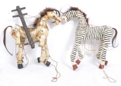 TWO VINTAGE WOODEN ANIMAL PUPPETS - ZEBRA & HORSE
