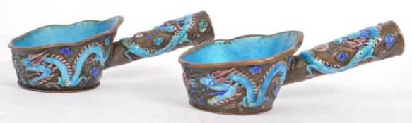 PAIR OF 1920S CHINESE ENAMELLED COPPER SILK IRONS