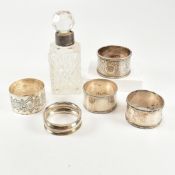 HALLMARKED SILVER NAPKIN RINGS & PERFUME BOTTLE