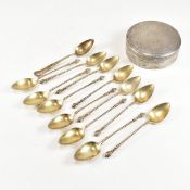 EGYPTIAN 900 SILVER BOX & 800 SILVER GERMAN TEA SPOONS