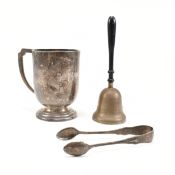 VICTORIAN & LATER HALLMARKED SILVER ITEMS TANKARD BELL TONGS