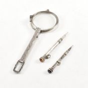 1930S HALLMARKED SILVER LORGNETTES & WHITE METAL PROPELLING PENCILS