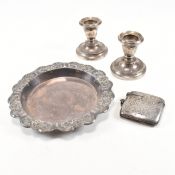 EARLY 20TH CENTURY HALLMARKED SILVER ITEMS DISH VESTA CANDLESTICKS