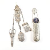 WHITE METAL & SILVER PLATE CHATELAINE & METAL GLASSES CASE