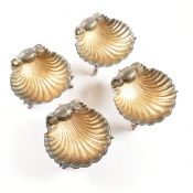 SET OF 4 SILVER PLATED SCALLOP SHELL SALT CELLARS & SPOONS