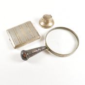 HALLMARKED SILVER CIGARETTE CASE INK WELL & WHITE METAL SPY GLASS