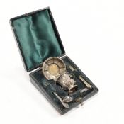 ANTIQUE FRENCH CASED MINIATURE SILVER CUP BOWL & FLATWARE SET