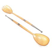 PAIR OF CARVED HORN AND WHITE METAL SALAD SERVERS