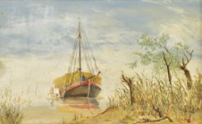 JOHN HAMILTON (1919-1993) - THE HAY BARGE - OIL ON BOARD PAINTING
