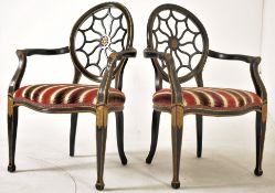 PAIR OF REGENCY STYLE EBONISED & GILT LATTICE BACK CHAIRS