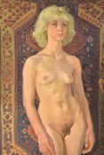 KEN SYMONDS - KATHY STANDING AGAINST RUG - OIL ON BOARD