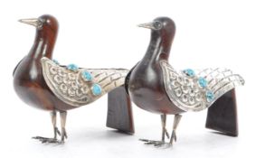 PAIR OF TURQUOISE PERUVIAN SILVER BIRD CANDLE HOLDERS