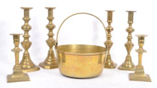 COLLECTION OF 19TH CENTURY BRASS CANDLESTICKS AND JAM POT