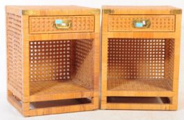 PAIR OF MID CENTURY BAMBOO AND RATTAN WEAVE BED SIDE TABLES