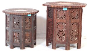 TWO 20TH CENTURY CARVED WOODEN BENARES FOLDING TABLES