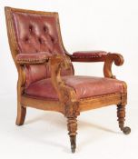 WILLIAM IV ENGLISH CARVED OAK AND LEATHER LIBRARY CHAIR
