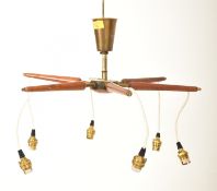 DANISH RETRO MID CENTURY TEAK & BRASS SIX ARM CEILING LIGHT
