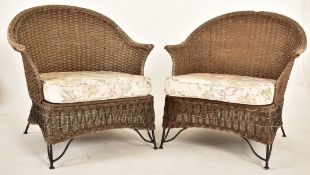 PAIR OF RETRO WIREWORK FRAMED & WICKER GARDEN ARMCHAIRS