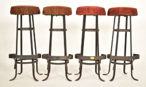 FOUR RETRO 20TH CENTURY SUEDE & WROUGHT IRON BAR STOOLS