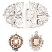 HALLMARKED SILVER NURSE'S BELT BUCKLE & SILVER FOB MEDALS