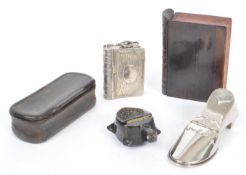 COLLECTION OF FIVE VINTAGE SNUFF BOXES AND VESTA CASE