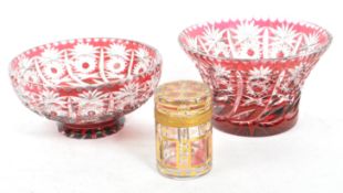 TWO CRANBERRY COLOURED LEAD CRYSTAL GLASS DISHES / GILT POT