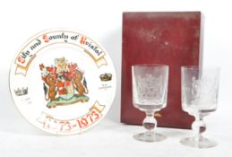 LOCAL INTEREST - LARGE ILLUSTRATED PLATE W/ PAIR OF GOBLETS