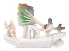 CARVED CHINESE ORIENTAL GREEN JADE SAILOR BOATING FIGURINE