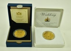 TWO UK 24CT GOLD PLATED .925 SILVER £5 PROOF COINS