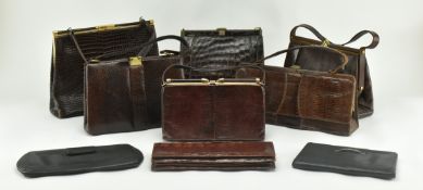 NINE VINTAGE MID CENTURY LEATHER & ALLIGATOR LADIES HANDBAGS
