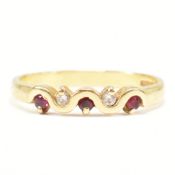 HALLMARKED 18CT GOLD DIAMOND & RED STONE HALF HOOP RING