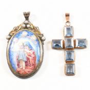 TWO NECKLACE PENDANTS CROSS & MINIATURE MADONNA & CHILD