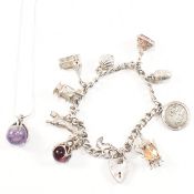 HALLMARKED 925 SILVER CHARM BRACELET & AMETHYST PENDANT NECKLACE