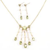 EDWARDIAN 9CT GOLD PERIDOT & PEARL NECKLACE & EARRING SUITE