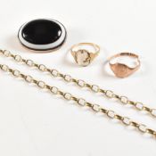COLLECTION OF 9CT GOLD JEWELLERY & 19TH CENTURY BULLSEYE AGATE BROOCH PIN