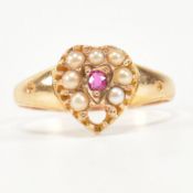 EARLY 20TH CENTURY 15CT GOLD HEART RUBY & PEARL RING
