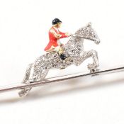 HALLMARKED 18CT WHITE GOLD ENAMEL & DIAMOND EQUESTRIAN BROOCH PIN