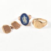 TWO HALLMARKED 9CT GOLD RINGS & A CUFFLINK